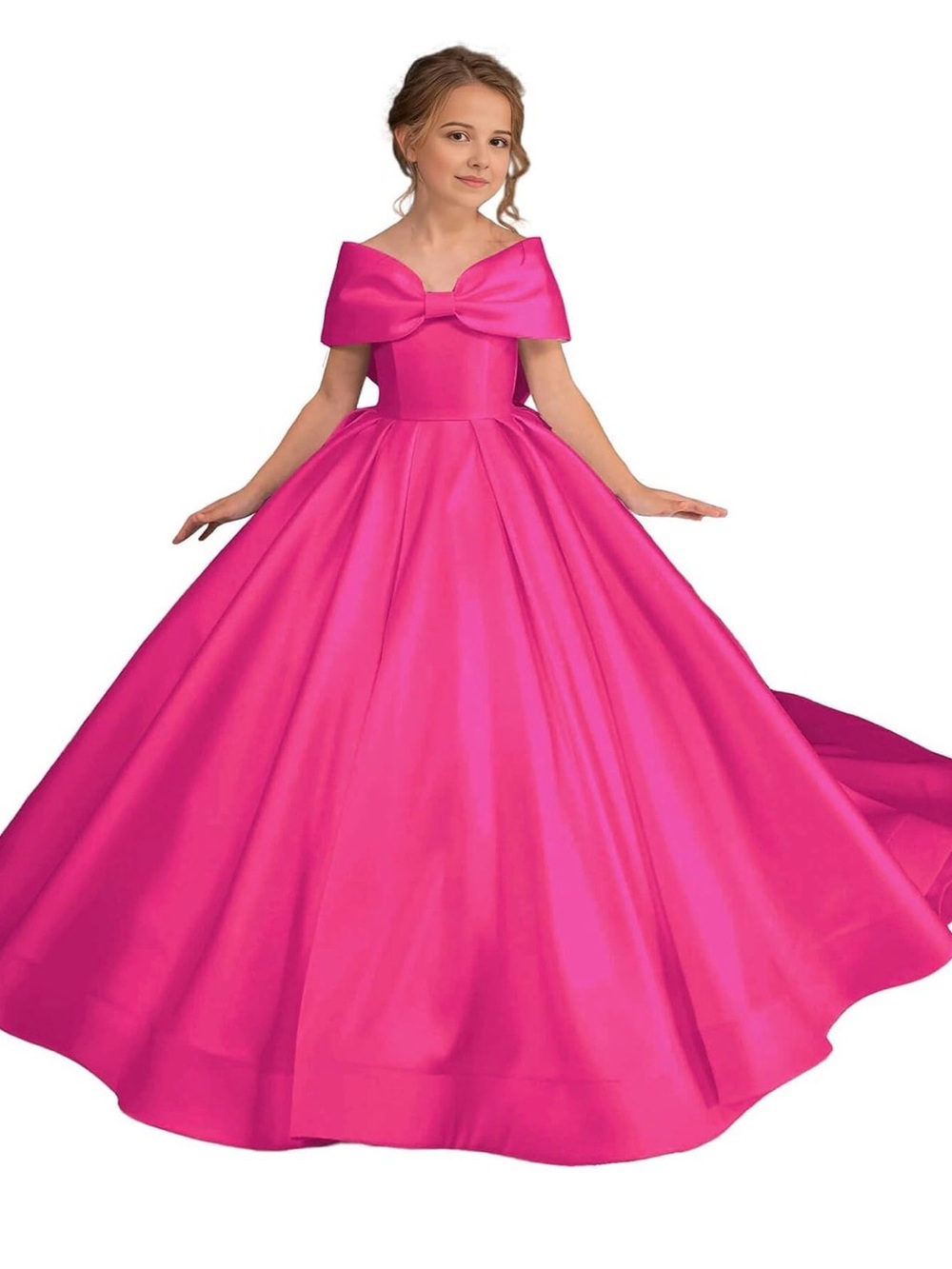 Amazon Satin-Girls' Magenta Off-Shoulder Bow Ball Gown Dress Size 5